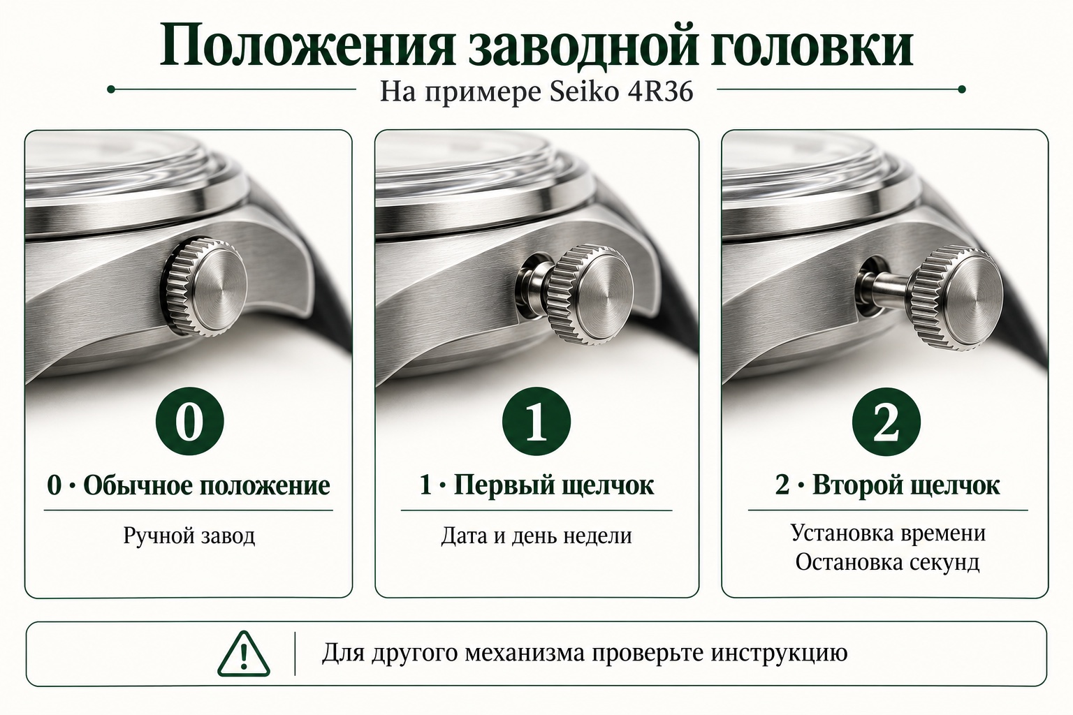 Положения заводной головки на примере Seiko 4R36